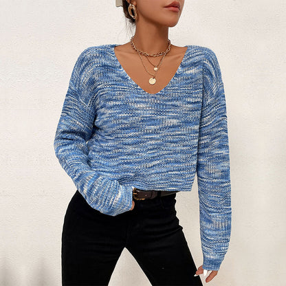 LOVECCR New new products popular autumn and winter Popular trade women's clothing v-neck pullover knitted short BM navel gradual change sweater