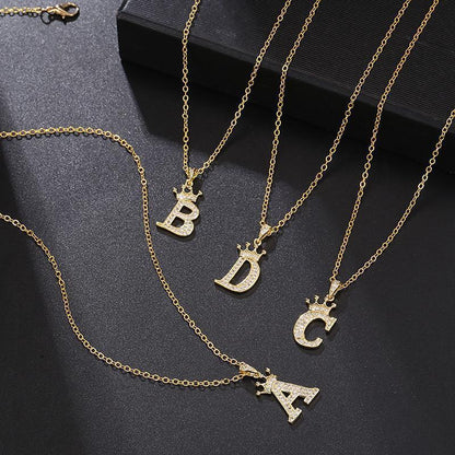 New Fashion Copper Inlaid Zircon Crown English Letter Personality Pendant Simple Women's Necklace Necklace Jewelry Manufacturer