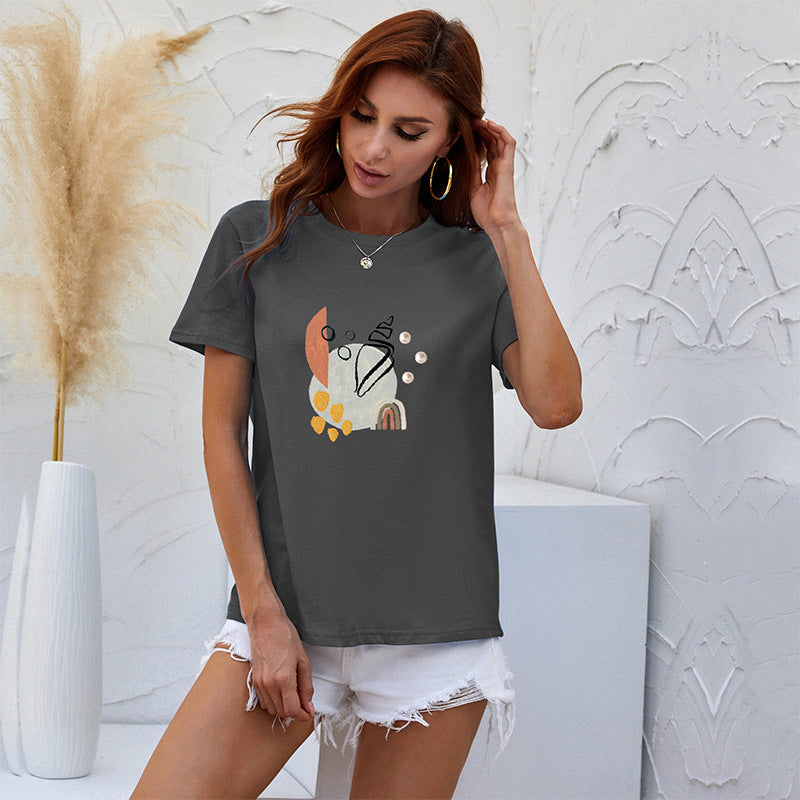 LOVECCR Cross-border color T-shirt short-sleeved women's popular summer Popular trade women's clothing cartoon printing crew neck top bottoming shirt wholesale