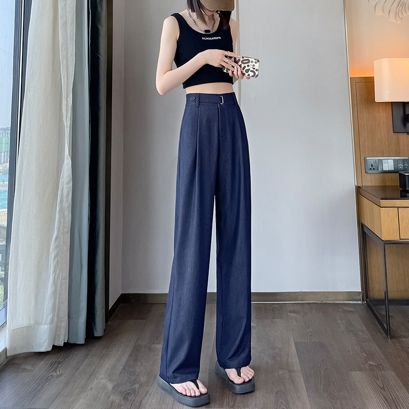 Summer Thin Lyocell Jeans Women's 2024 New Suit Straight High Waist Drape Ice Silk Mop Wide Leg Pants