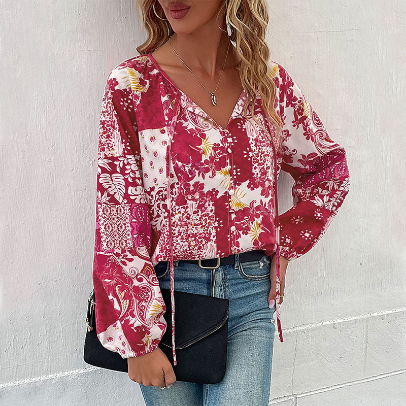 LOVECCR   Hot autumn casual printed shirt fashion 2025 foreign trade lace-up bubble sleeve shirt women