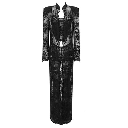 LOVECCR Fashion New Popular trade black long-sleeved shoulder pads, sling vest, lace trousers three-piece set, 2025 suit, summer women