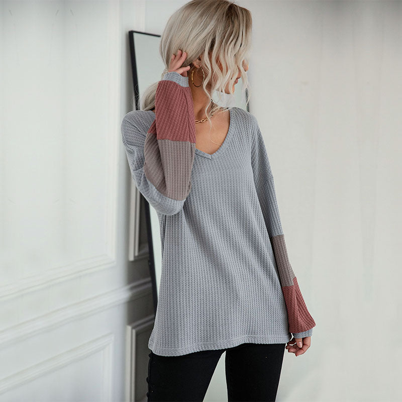 LOVECCR New  Hot Trade popular New 2025 Autumn Color Matching Long Sleeve Gray V-Neck Knitted Sweater