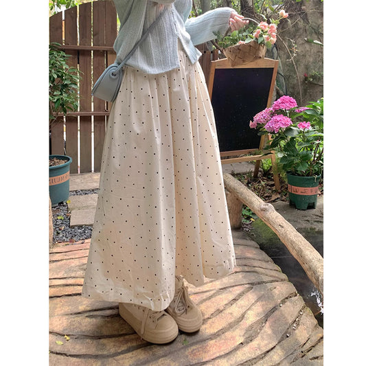 Gentle White Polka Dot Long Skirt for Women Simple Elastic Waist Cover Slim A- line Super Fairy Skirt Spring