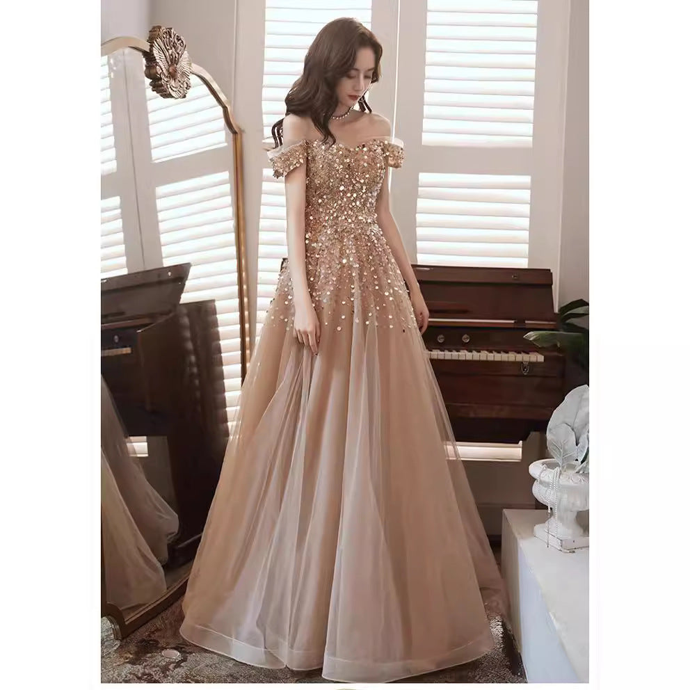 LOVECCR  New Banquet Evening Dress Women's Heavy Industry Long off-Shoulder Elegant Socialite Annual Meeting Host Dress