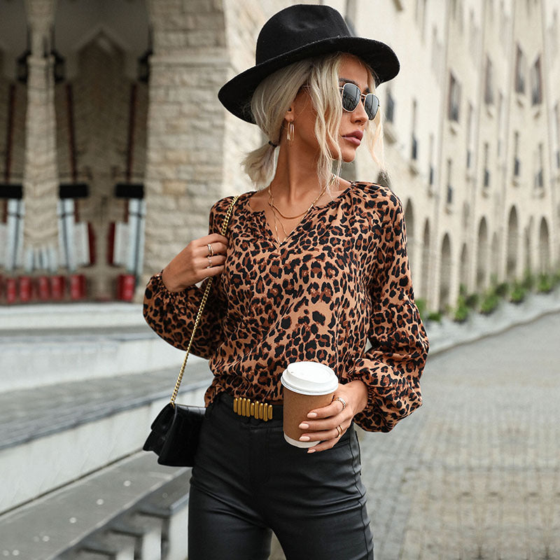 LOVECCR New Cross-border Hot Trade 2023 Spring and Autumn New 2025 Women's Clothing Pullover Leopard Chiffon Bottom Shirt