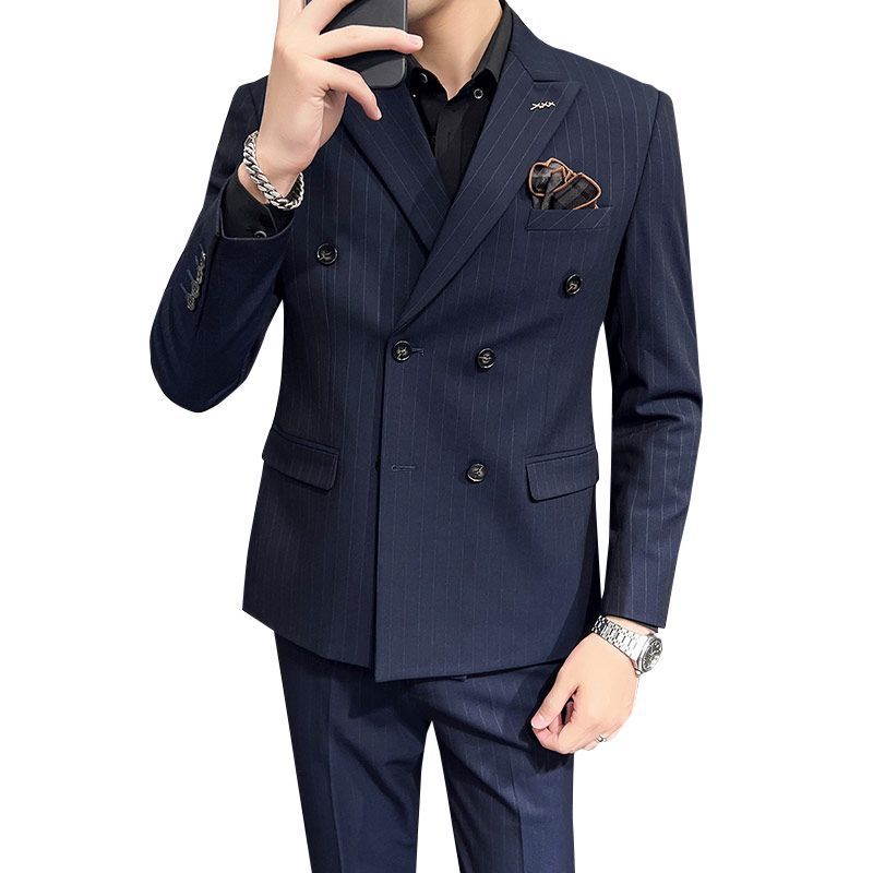 LOVECCR  Four Seasons Double Breasted Suit Men's Business Casual Suit Business Clothing Striped Groom Wedding Suit