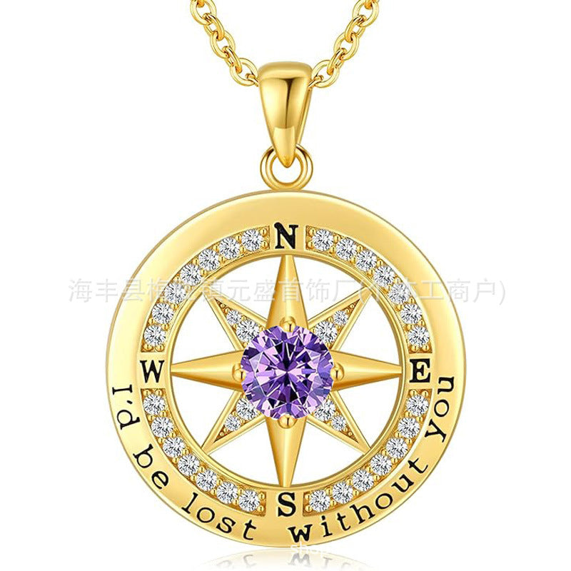 HOT and NEW Cross Border S925 Sterling Silver Compass Compass Necklace Female Twelve Birthstone  Pendant Clavicle Chain