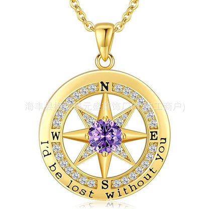 HOT and NEW Cross Border S925 Sterling Silver Compass Compass Necklace Female Twelve Birthstone  Pendant Clavicle Chain