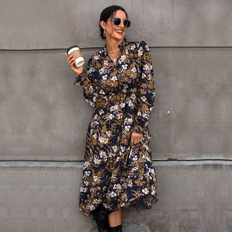 LOVECCR 2025  Hot autumn floral temperament commuter dress retro printed women's dress V-neck fashion dress