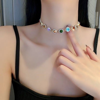 Colorful Rhinestone Necklace Women's Cross-Border Graceful Personality Gem Necklace Light Luxury Minority Design Sense Advanced Clavicle Chain