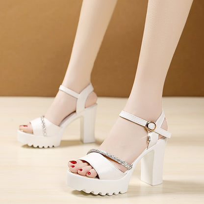 loveccr  Cross-Border Sandals Women's Summer High Heel Chunky Heel Waterproof Platform  New Korean Style Buckle Strap Peep Toe Women's Shoes Wholesale