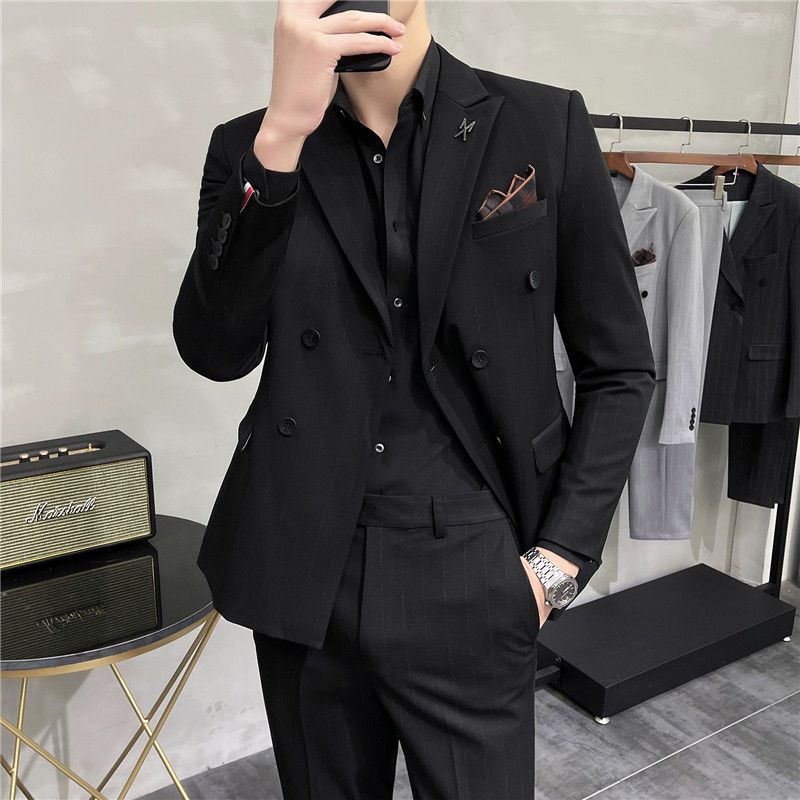 LOVECCR  Suit Suit Men's Three-Piece Casual Striped Suit Korean Style Slim-Fitting Suit Bridegroom Handsome Wedding Dress Fashion