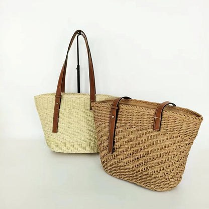 loveccr New Straw Shoulder Bag Large Capacity Totes Woven Bag Portable Beach Bag Handmade Korean Style Seaside Vacation Bag