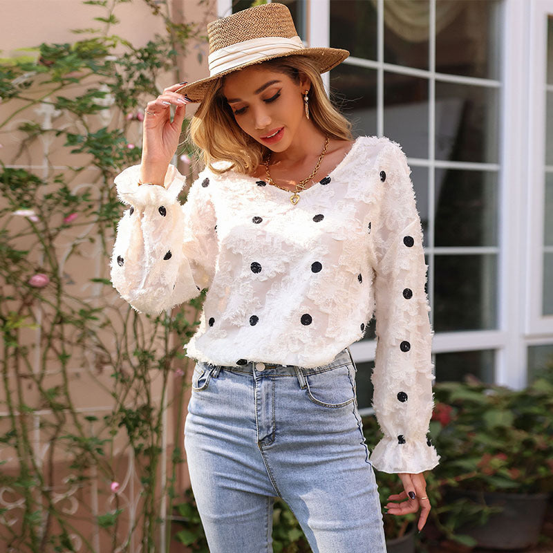 LOVECCR New New Product popular Autumn 2025 Women's Top Chiffon Pullover Long Sleeve V-Neck Polka Dot Shirt