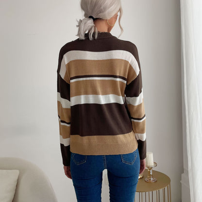 LOVECCR New Popular trade popular autumn and winter 2025 women's clothing striped splicing contrasting color semi-turtleneck knitted pullover sweater