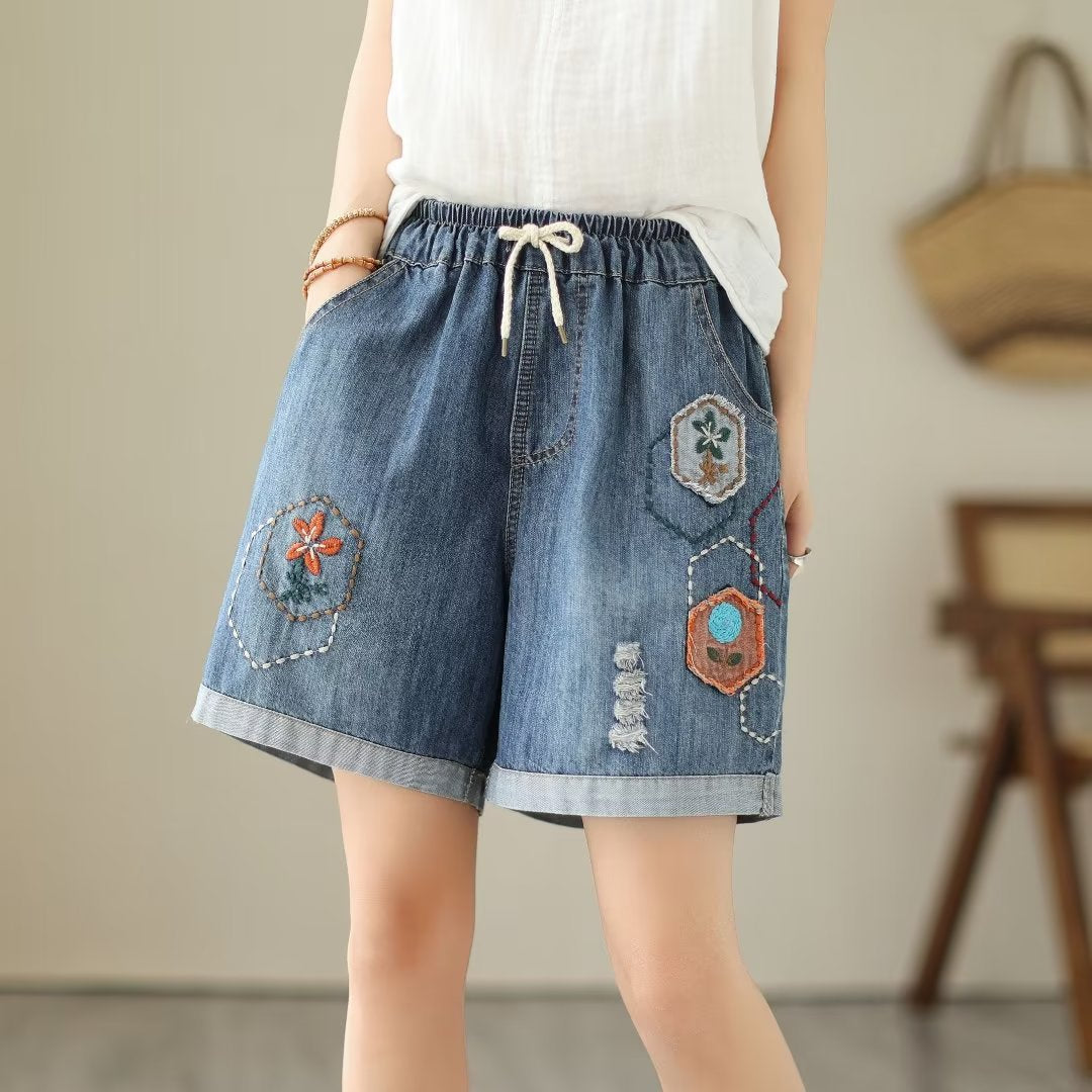 Japanese Style Denim Shorts Women's Summer Thin Loose Slimming Retro Casual Embroidered Shorts Wide Leg Pants