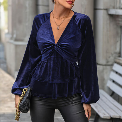 LOVECCR 2025 foreign trade women's clothing Hot autumn temperament fashion kink blouse solid color v-neck velvet top