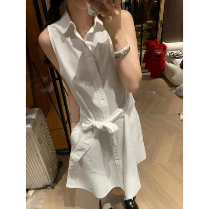 In Stock RL Ralph Pony Home White Moonlight First Love Sweet Western Style Exquisite Sleeveless Lace-up Embroidery Polo Dress