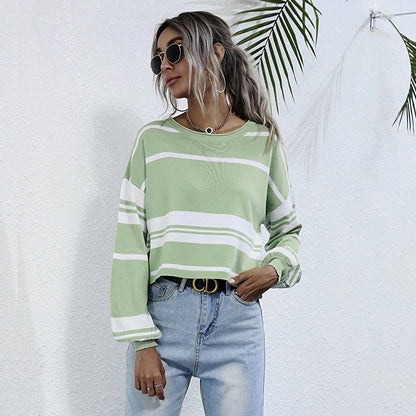 LOVECCR popular Spring and Autumn New Women's Striped Knitted Sweater Bottom Pullover  Hot Trade Crew Neck Japanese Short Top