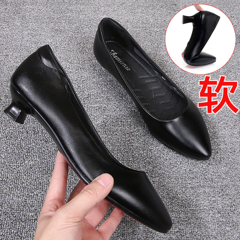 loveccr  Genuine Leather Stewardess Work Shoes Women's Black Leather Shoes Small Heel Professional Business Workwear Formal Wear Mid-Heel High Heel Interview Women's Shoes