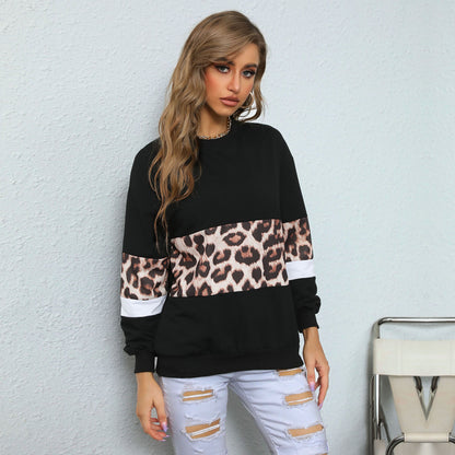 LOVECCR  Popular trade women's clothing popular autumn 2025 contrasting color pullover top round neck fashion street leopard print splicing sweater