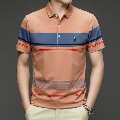 Men's Clothing  Summer New Pure Cotton Short Sleeve Men's T-shirt Striped Casual Polo Collar Men's Polo Shirt