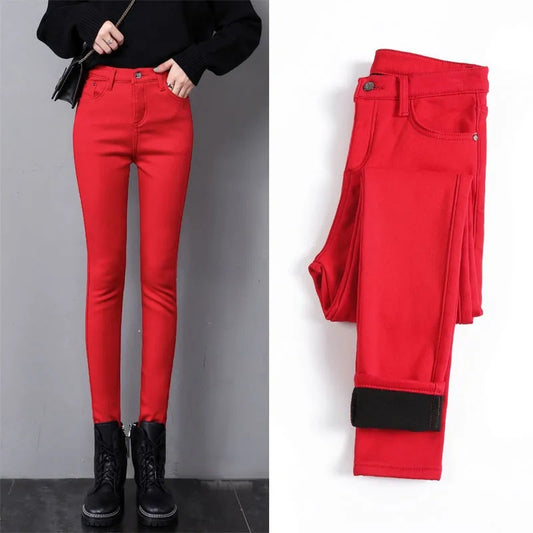 Plus Size Fleece-lined Thick Color Pants Korean Style Winter Skinny Jeans Women's Candy Color Warm Pencil Pants Women's Pants