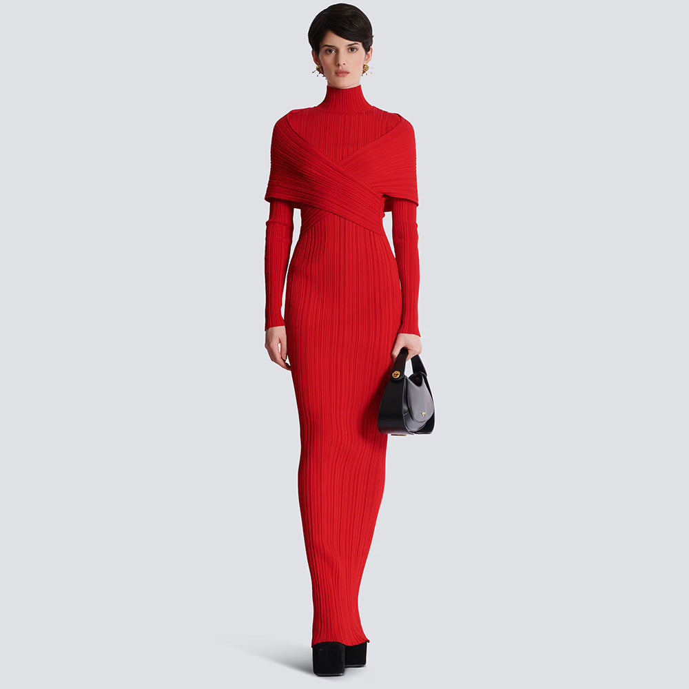 LOVECCR 2025 women's clothing Christmas new red long-sleeved cross-knitted jacquard bandage dress turtleneck long dress winter