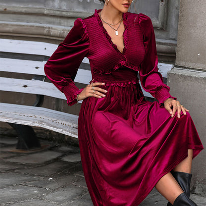 LOVECCR 2025 foreign trade explosion burgundy velvet dress temperament elegant long dress wooden ear edge collection design skirt