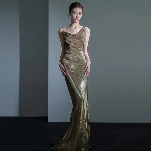 LOVECCR  Cross-Border Fishtail Evening Dress for Women  New Elegant Sequins Annual Meeting Host Sexy Backless Bridal Toast Dress