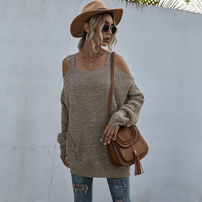 LOVECCR popular early autumn 2025 New popular women's clothing bat sleeves loose off-the-shoulder square neck knitted sweater medium and long pullover sweater