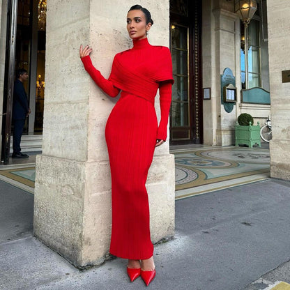 LOVECCR 2025 women's clothing Christmas new red long-sleeved cross-knitted jacquard bandage dress turtleneck long dress winter