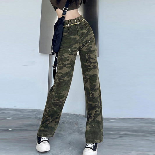 Camouflage Cargo Pants Women's American High Street Niche Tie-Dyed High Waist All-Matching Pear-Shaped Wide-Leg Trousers Straight Jeans Women