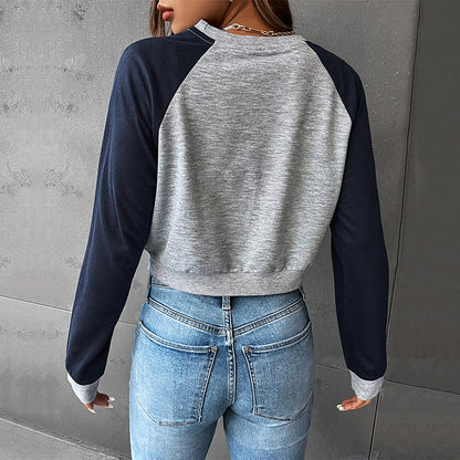 LOVECCR Hot new spring and autumn college style shoulder sleeves BM 2025 foreign trade color matching short women's round neck pullover sweater