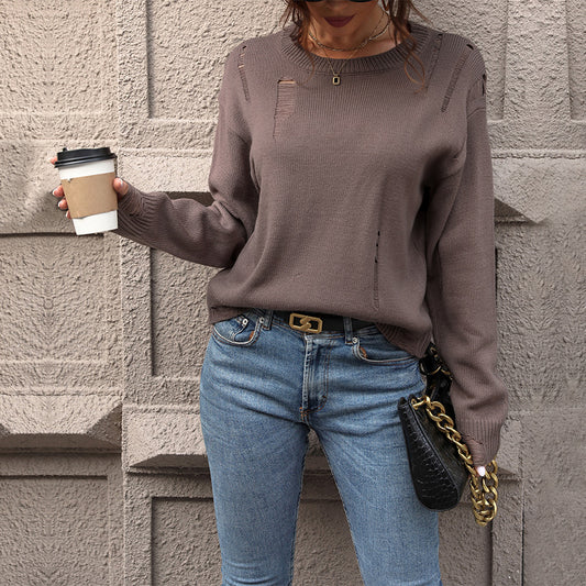 LOVECCR 2025 foreign trade pullover sweater casual loose knitted sweater hollow solid color top crew neck autumn and winter sweater