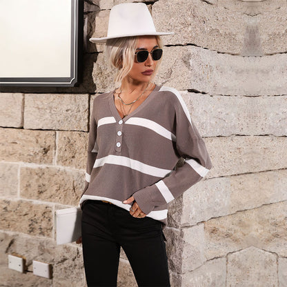 LOVECCR New  Hot Trade popular New 2025 Women's Early Autumn V-Neck Long Sleeve Striped Sweater Women