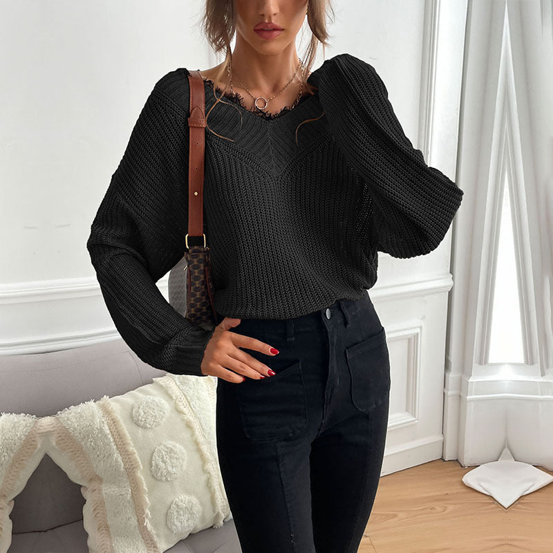 LOVECCR New explosion autumn and winter popular new splicing lace jumper V-neck commuter wind knitted sweater women