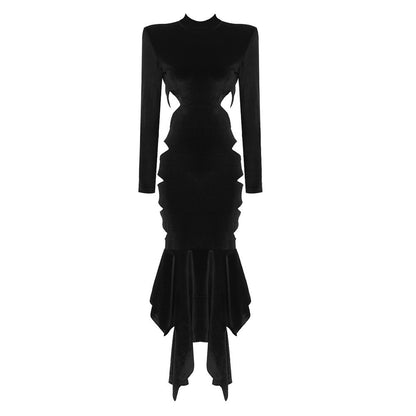 LOVECCR black long-sleeved velvet hollow irregular slim-fitting long 2025 dress dress women's autumn and winter dress