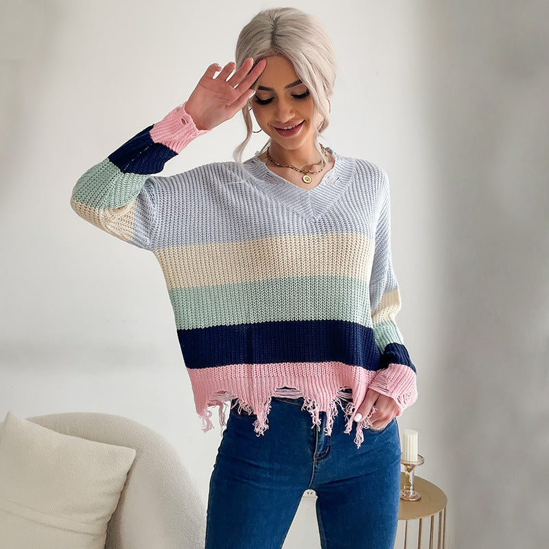 LOVECCR New women's clothing popular spring and autumn new product long-sleeved contrasting striped v-neck knitted ripped sweater women