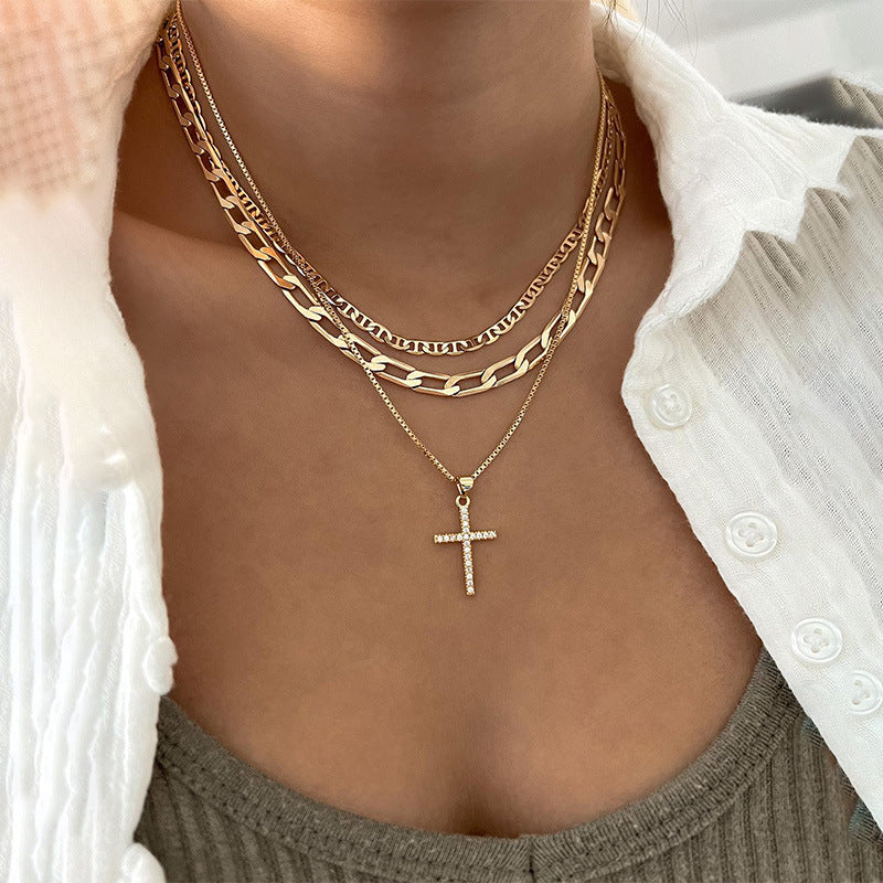 HOT and NEW Cross Border Ornament Mix and Match Cross Chain Necklace Personality Diamond Stud Cross Heart-Shaped Pendant Multi-Layer Necklace