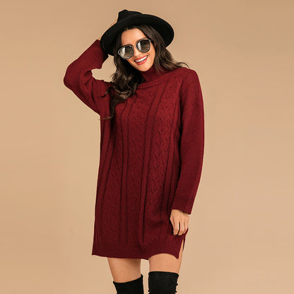 LOVECCR popular autumn and winter  explosion 2025 thickened twist knitted outer wear medium and long high neck pullover sweater skirt women