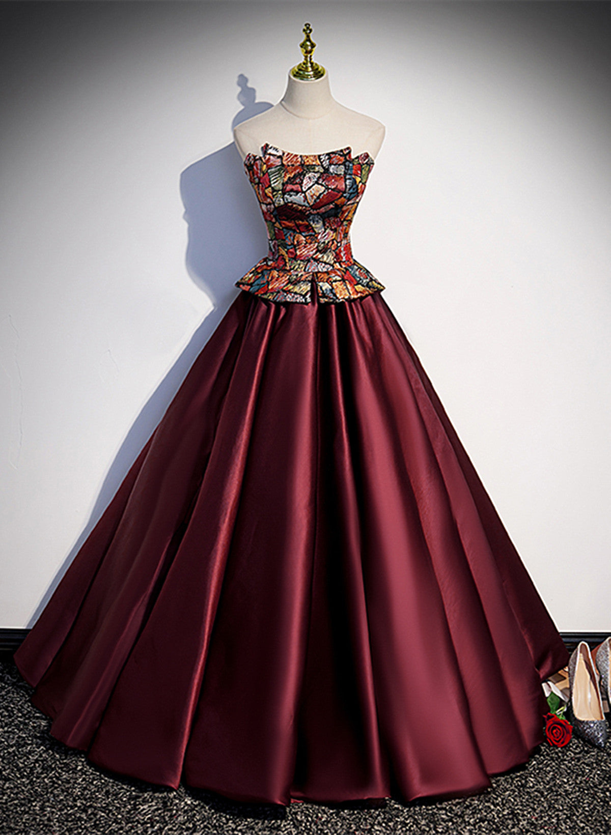 LOVECCRElegant Burgundy Satin Off Shoulder Evening Dress, Burgundy Prom Dress