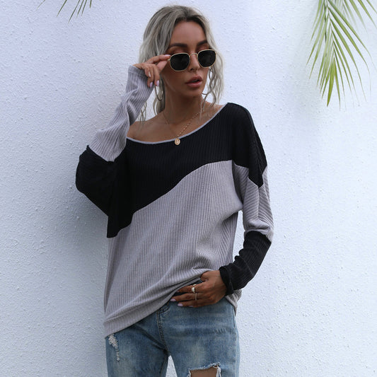 LOVECCR New  Hot Trade Women's Clothing popular Color Combination Long Sleeve Knitted Sweater Loose Off-Shoulder One-Neck Top