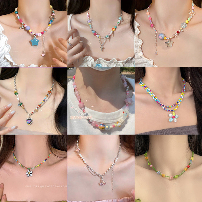 LOVECCR INS Dopamine Color Beaded Necklace  New Fashion All-Match Special-Interest Design High Sense Necklace