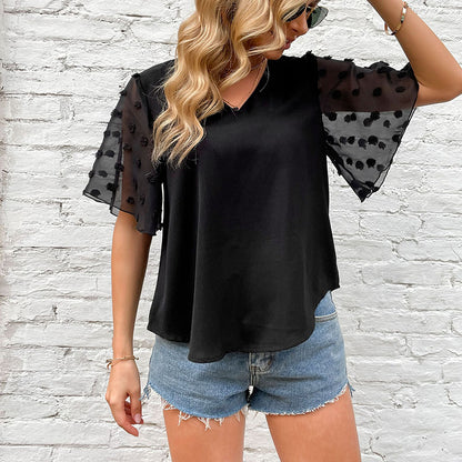 LOVECCR New new popular summer 2025 women's clothing horn short-sleeved black v-neck mesh see-through shirt