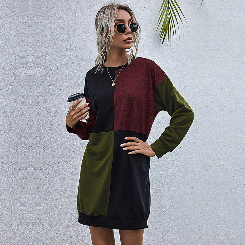 LOVECCR popular new New hot-selling splicing long-sleeved casual skirt 2025 Popular trade round neck medium and long contrasting sweater skirt women