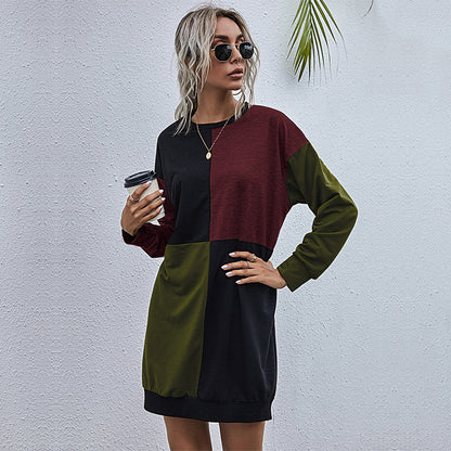 LOVECCR popular new New hot-selling splicing long-sleeved casual skirt 2025 Popular trade round neck medium and long contrasting sweater skirt women