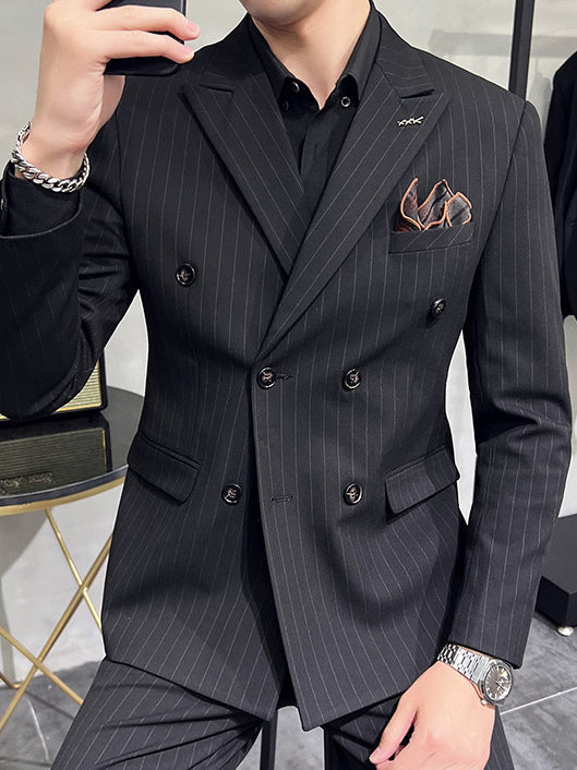 LOVECCR   Double Breasted Suit Men's Suits Autumn Men's Slim Striped Leisure Suit Business Formal Wear Groom Wedding Suit