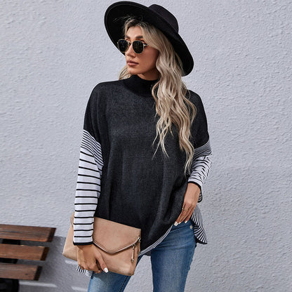 LOVECCR Hot new 2025 autumn and winter foreign trade women's clothing bat sleeve striped semi-turtleneck sweater Middle East knitted sweater